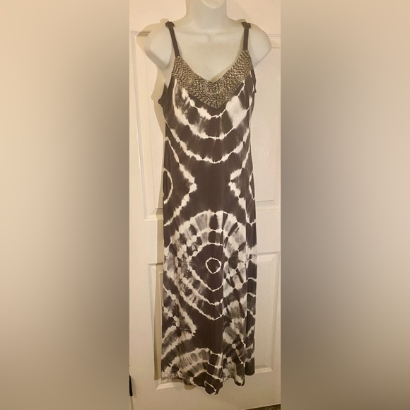 INC International Concepts Asymmetrical Gray Tie-Dye maxi Dress beaded neckline - Picture 2 of 4